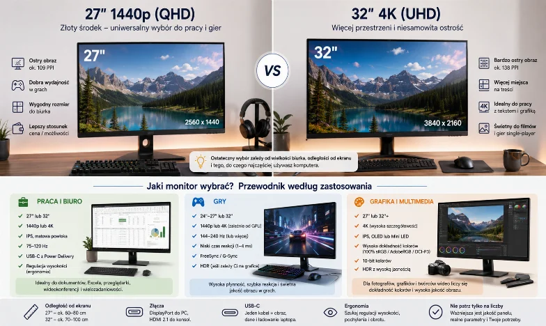 Monitor 27 czy 32 cale? 1440p czy 4K? Co wybrać w 2026 roku do pracy, gier i domu?